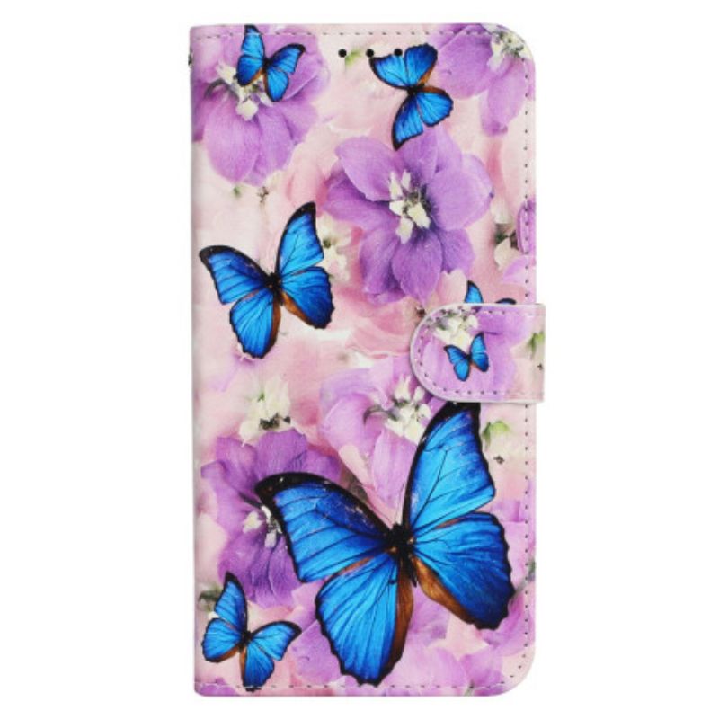 Folio-hoesje iPhone 16 Pro Max Vlinders En Paarse Bloemen Met Riempje