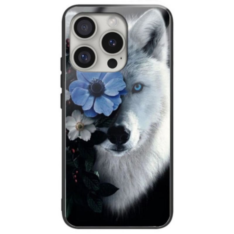 Hoesje iPhone 16 Pro Max Wolf En Blauwe Bloem Gehard Glas