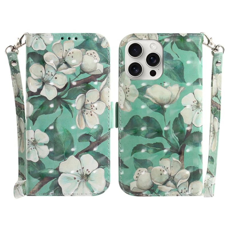 Leren Hoesje iPhone 16 Pro Max Aquarelbloemen Met Riempje