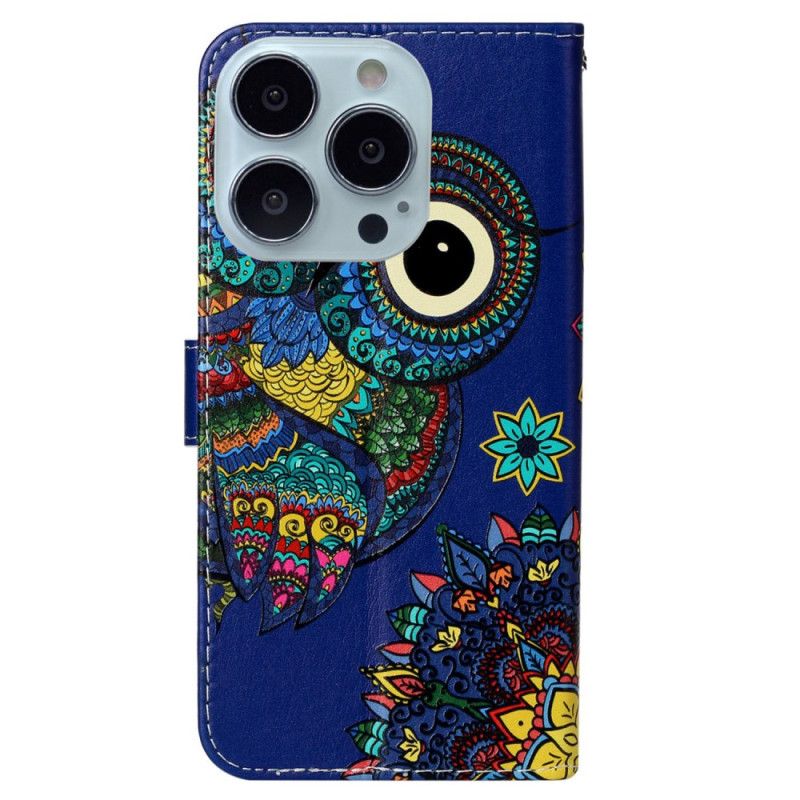 Leren Hoesje iPhone 16 Pro Max Blauwe Uil Met Riem