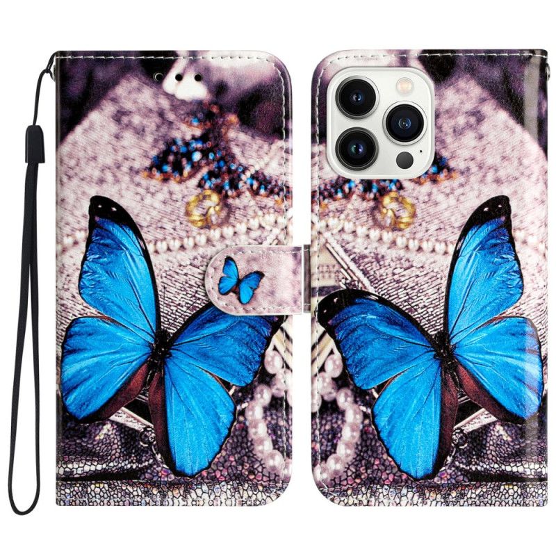 Leren Hoesje iPhone 16 Pro Max Blauwe Vlinder Met Riem