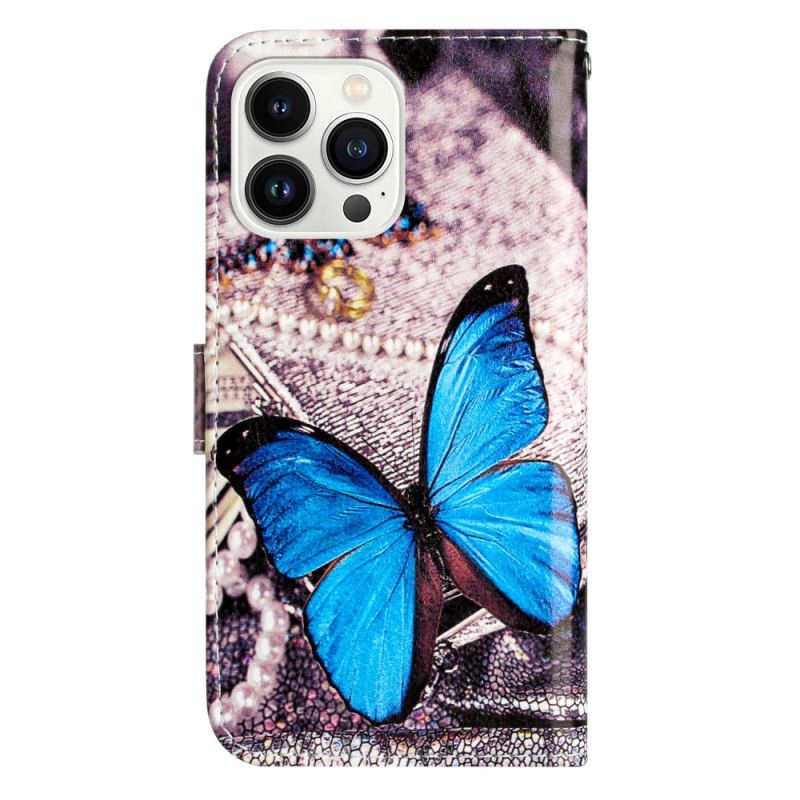 Leren Hoesje iPhone 16 Pro Max Blauwe Vlinder Met Riem