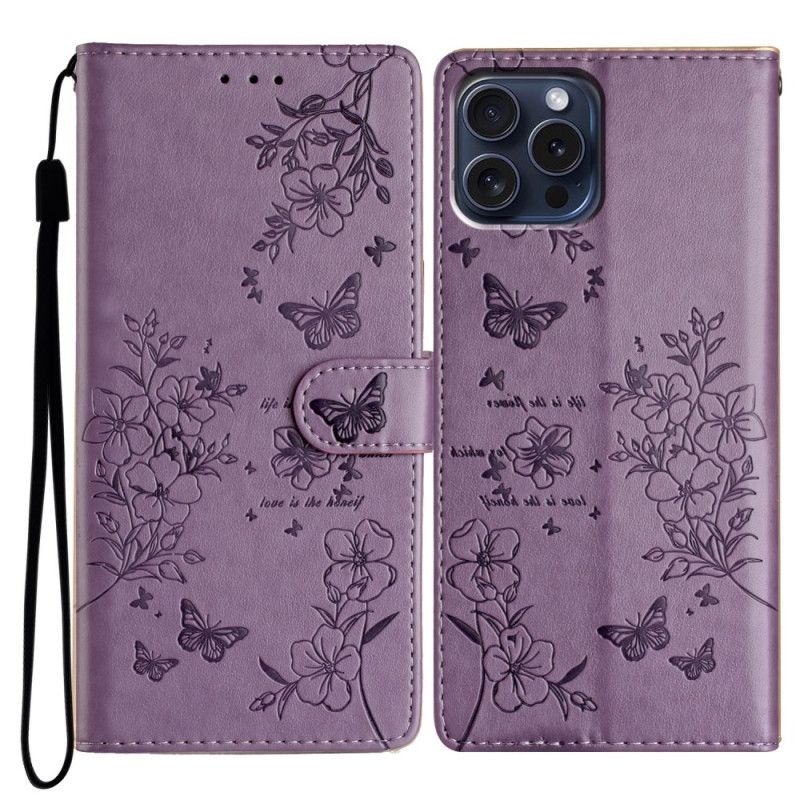 Leren Hoesje iPhone 16 Pro Max Bloemen En Vlinders Bescherming Hoesje