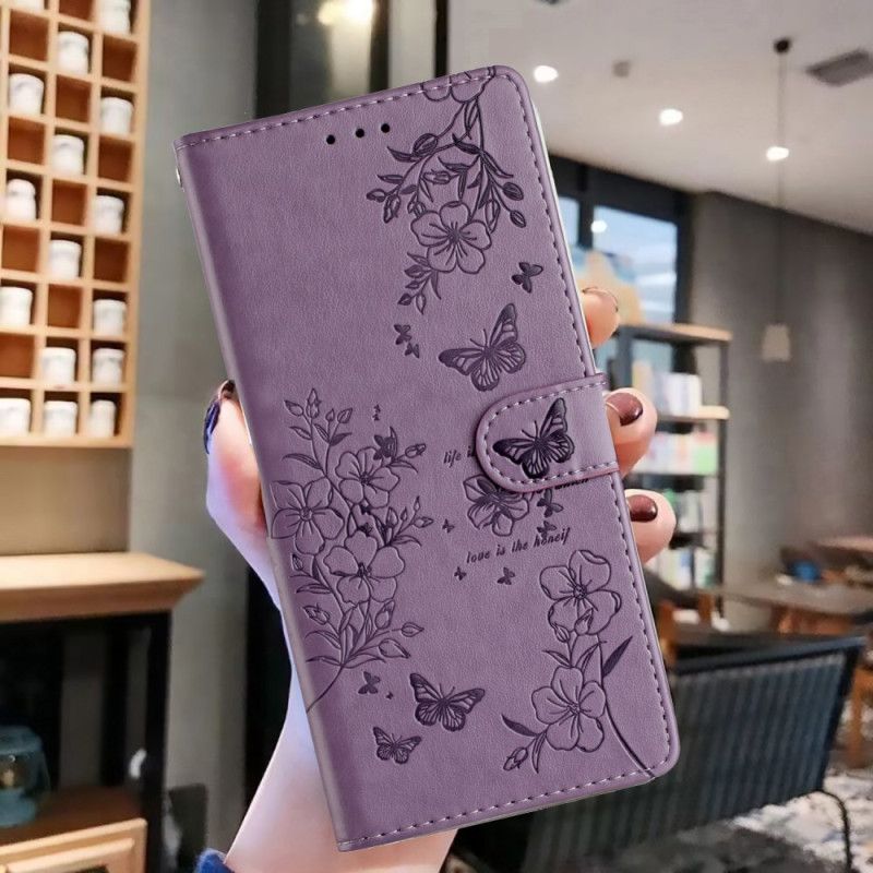 Leren Hoesje iPhone 16 Pro Max Bloemen En Vlinders Bescherming Hoesje