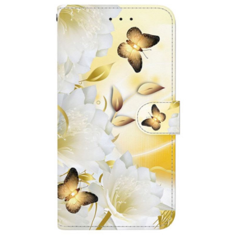 Leren Hoesje iPhone 16 Pro Max Gouden Vlinders En Bloemen Met Riempje Bescherming Hoesje