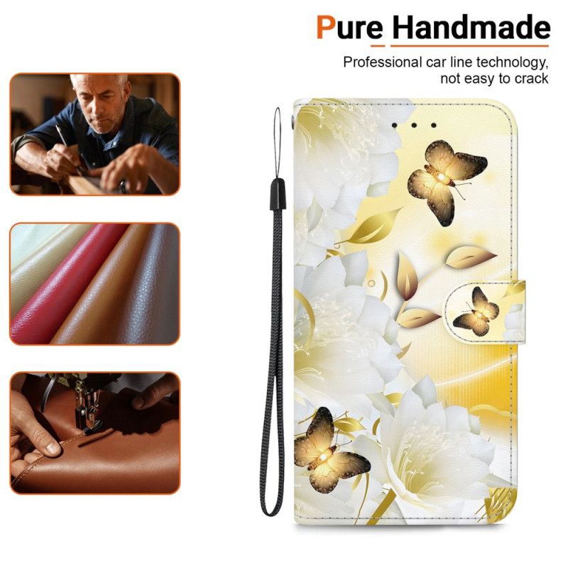 Leren Hoesje iPhone 16 Pro Max Gouden Vlinders En Bloemen Met Riempje Bescherming Hoesje