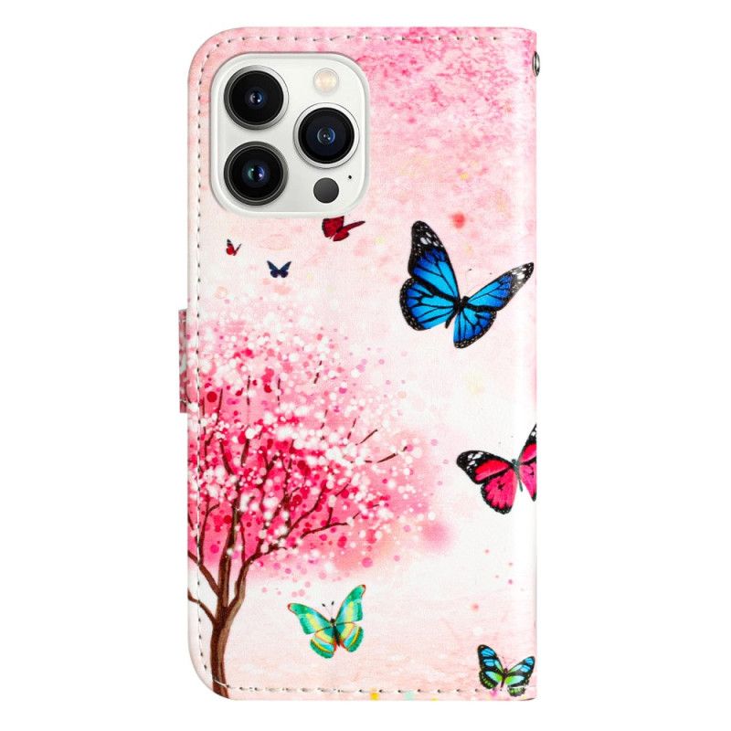 Leren Hoesje iPhone 16 Pro Max Kersenbloesemboom Met Riem Bescherming Hoesje