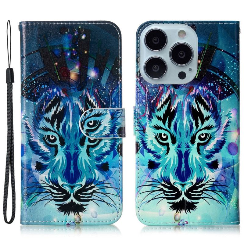 Leren Hoesje iPhone 16 Pro Max Kleurrijke Wolf Met Riem