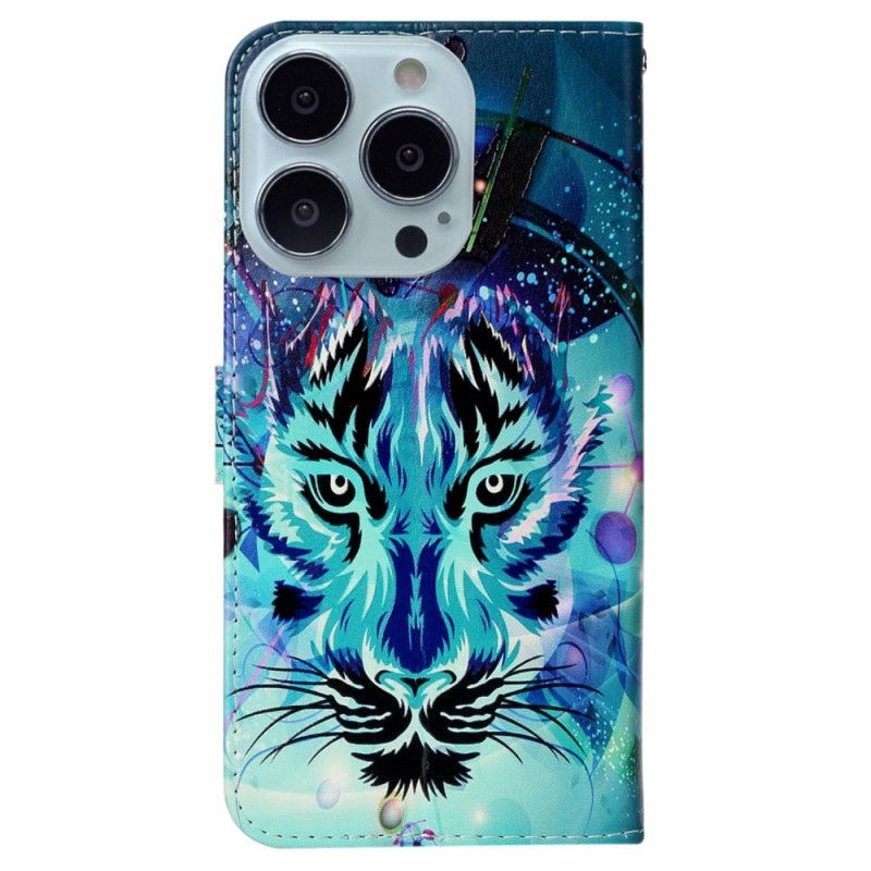 Leren Hoesje iPhone 16 Pro Max Kleurrijke Wolf Met Riem