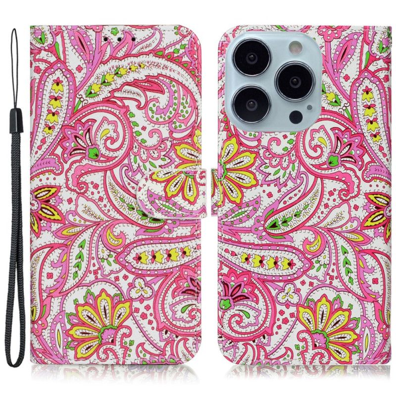 Leren Hoesje iPhone 16 Pro Max Levendig Bandje Met Bloemenmotief Bescherming Hoesje