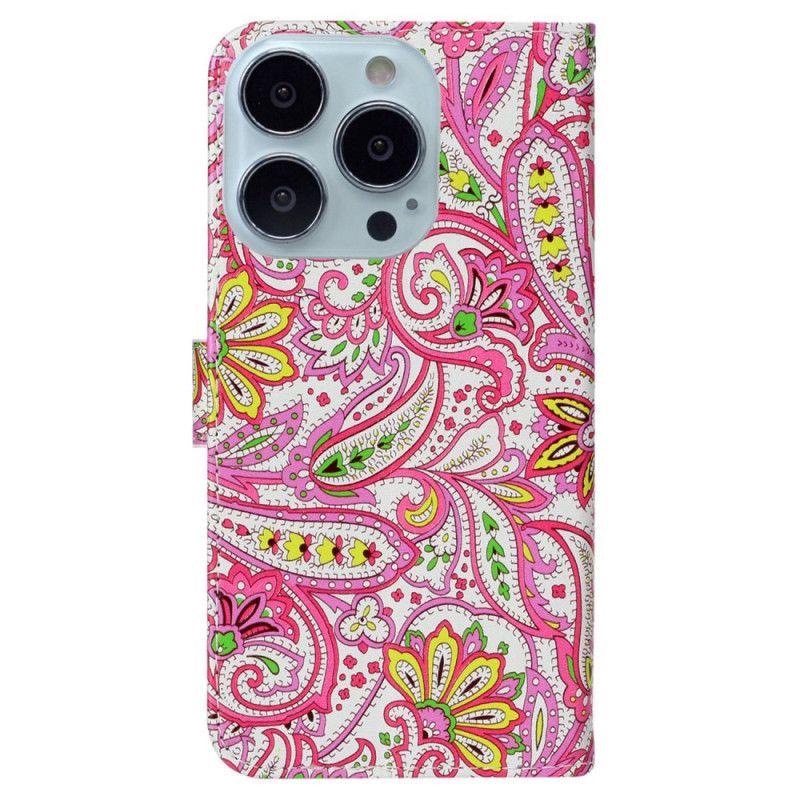 Leren Hoesje iPhone 16 Pro Max Levendig Bandje Met Bloemenmotief Bescherming Hoesje