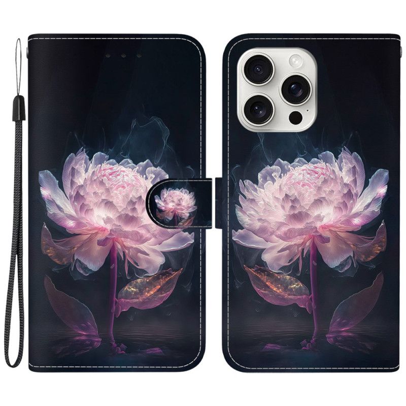 Leren Hoesje iPhone 16 Pro Max Paarse Pioen Met Riempje Bescherming Hoesje