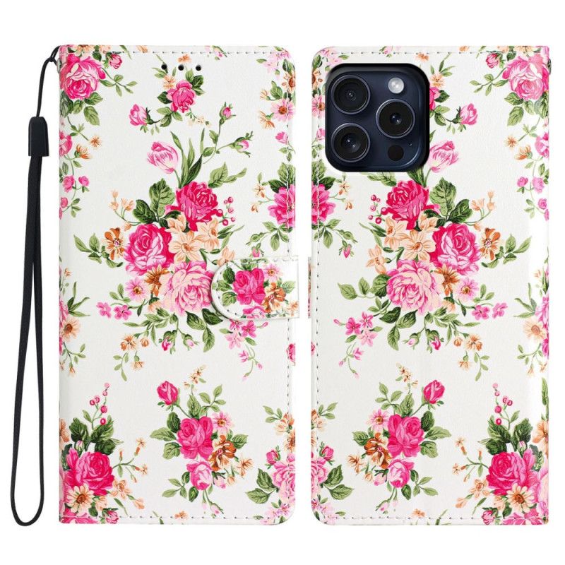 Leren Hoesje iPhone 16 Pro Max Rode Bloemen Met Riem Bescherming Hoesje