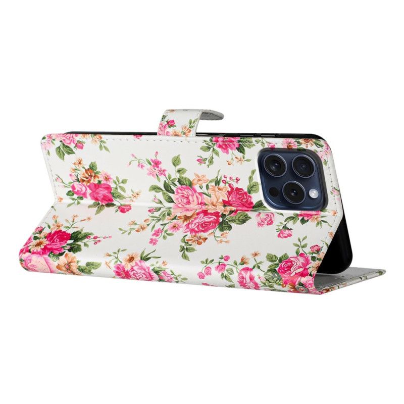 Leren Hoesje iPhone 16 Pro Max Rode Bloemen Met Riem Bescherming Hoesje