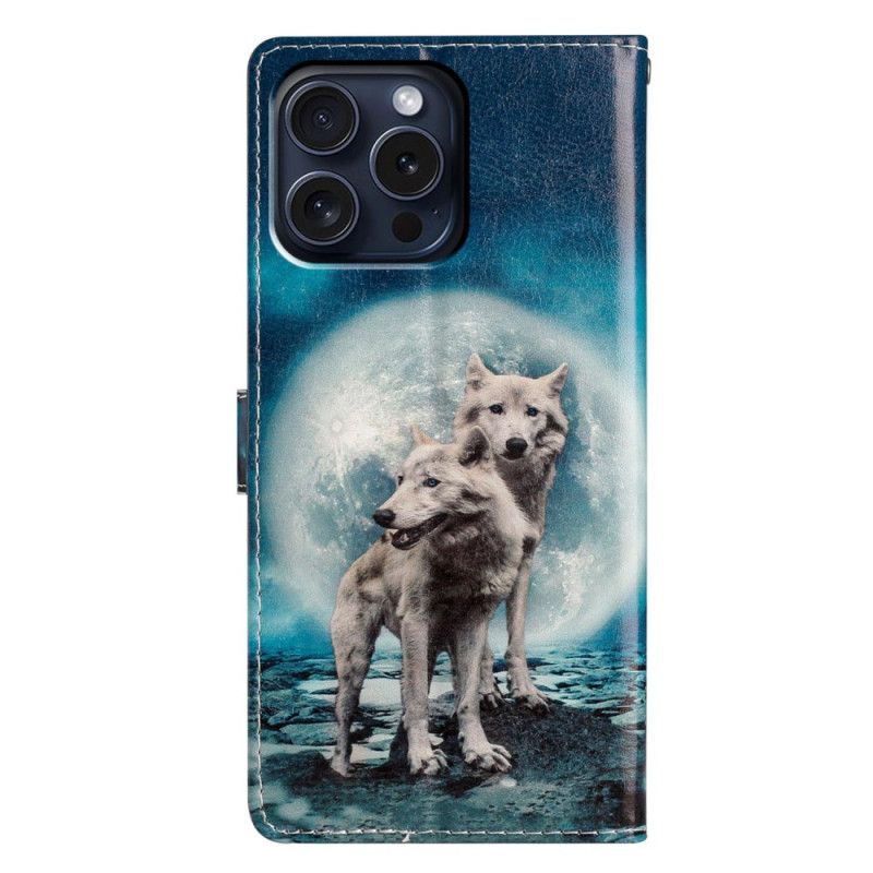 Leren Hoesje iPhone 16 Pro Max Twee Wolven Met Riemen Bescherming Hoesje