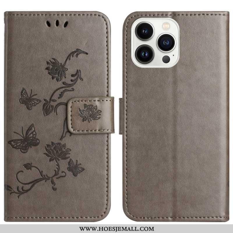 Leren Hoesje iPhone 16 Pro Max Vlinders En Bloemen Bescherming Hoesje