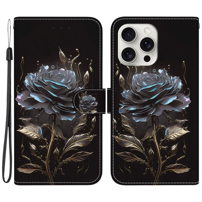 Leren Hoesje iPhone 16 Pro Max Zwarte Roos Met Riem Bescherming Hoesje