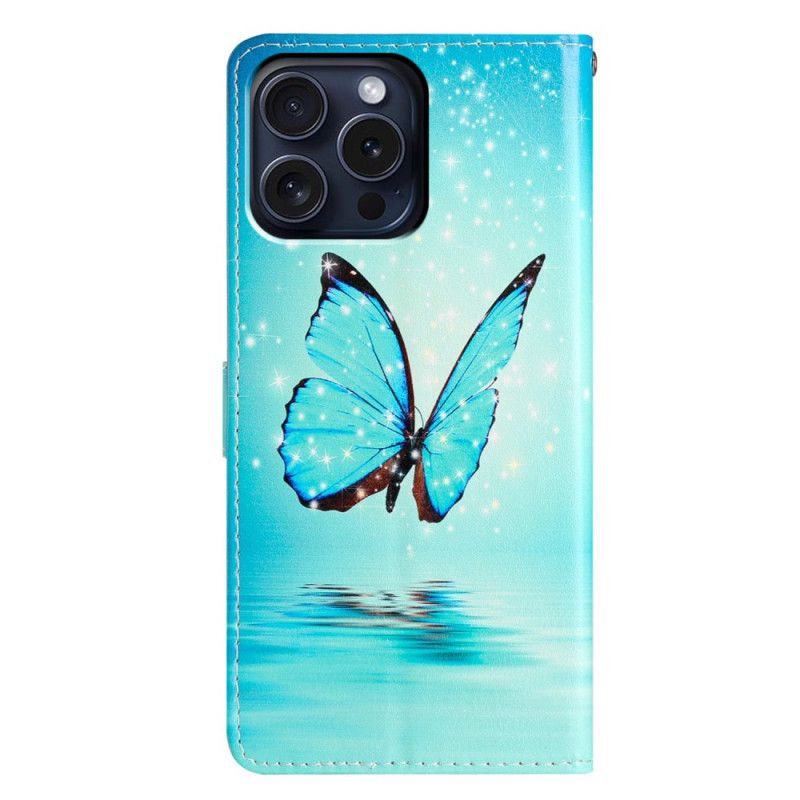 Leren Hoesje Voor iPhone 16 Pro Max Blauwe Vlinder Op Water Met Riem