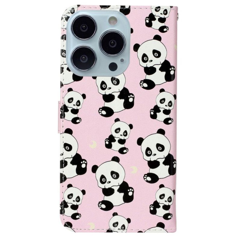 Leren Hoesje Voor iPhone 16 Pro Max Kleine Panda's Met Riem