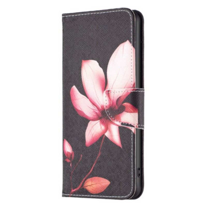 Leren Hoesje Voor iPhone 16 Pro Max Roze Bloem Met Zwarte Achtergrond