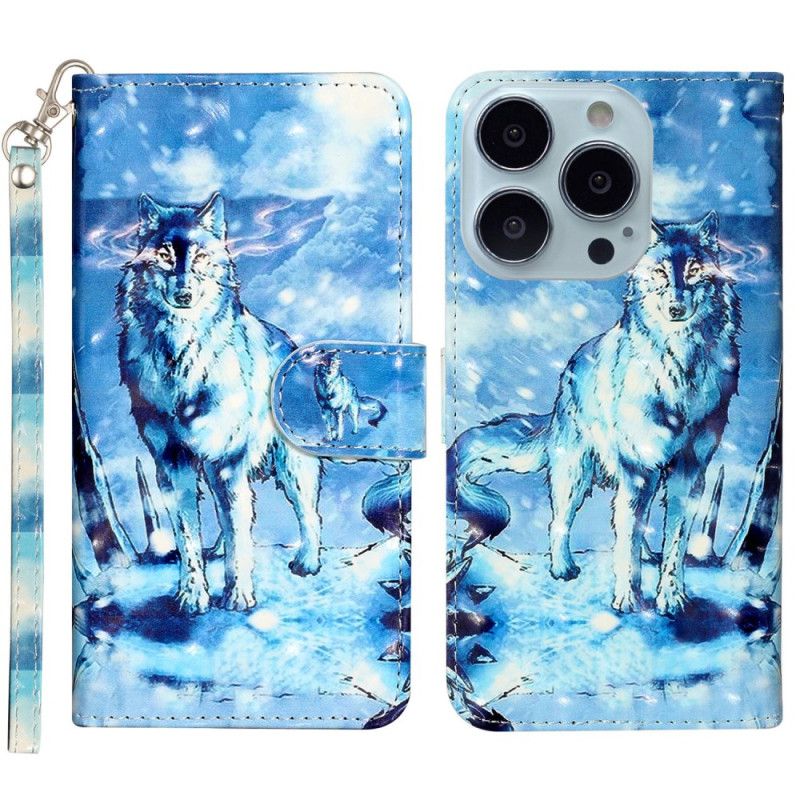 Leren Hoesje Voor iPhone 16 Pro Max Sneeuwwolf Met Riem