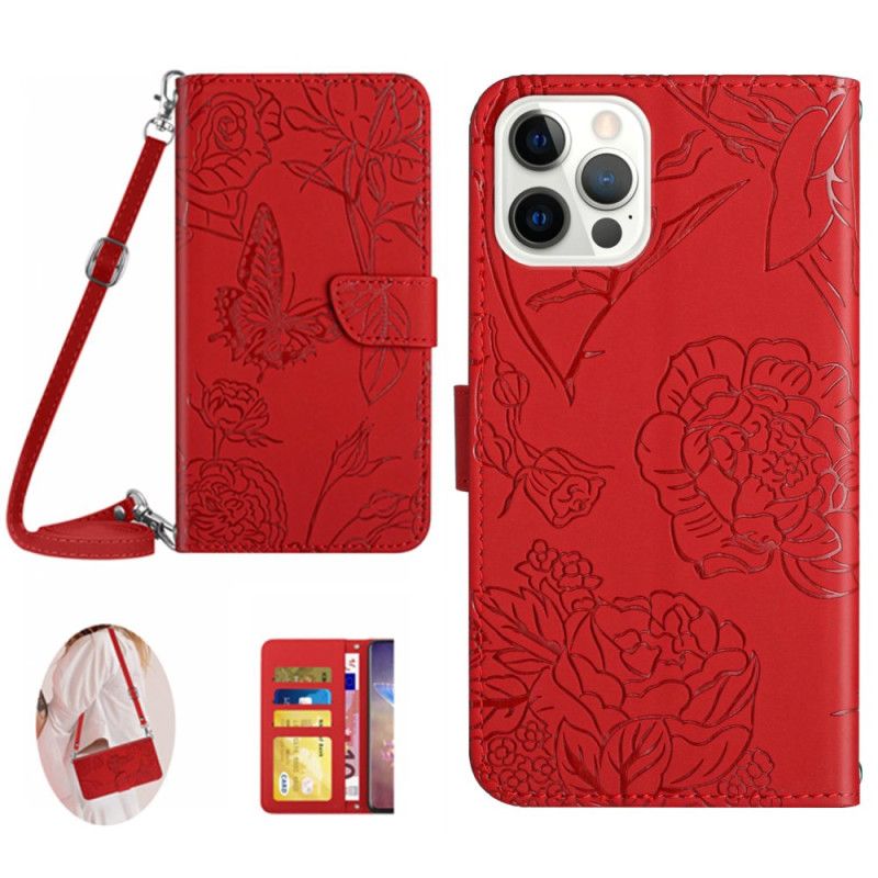 Leren Hoesje Voor iPhone 16 Pro Max Vlinderprint Met Schouderband