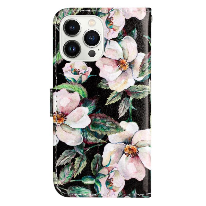 Leren Hoesje Voor iPhone 16 Pro Max Witte Magnolia's Met Riem