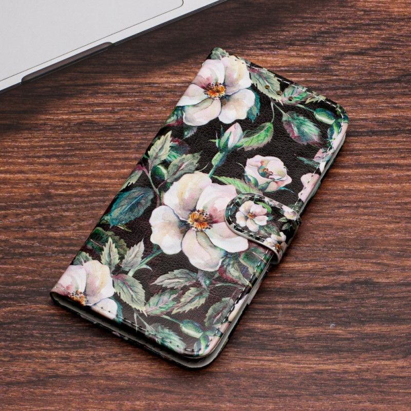 Leren Hoesje Voor iPhone 16 Pro Max Witte Magnolia's Met Riem