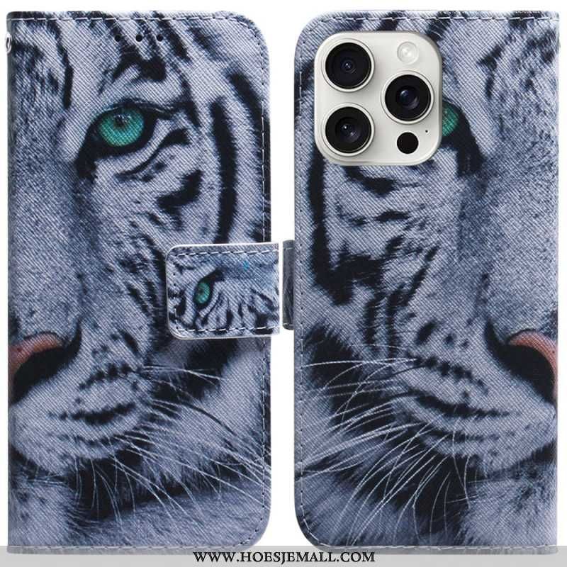 Leren Hoesje Voor iPhone 16 Pro Max Witte Tijger