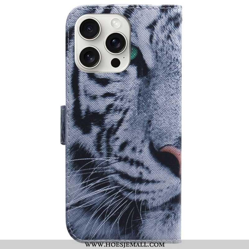 Leren Hoesje Voor iPhone 16 Pro Max Witte Tijger