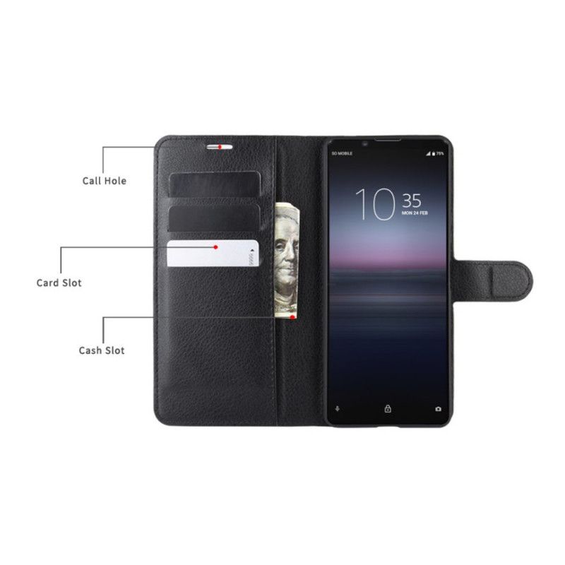 Cover Folio-hoesje Sony Xperia 1 II Wit Zwart Telefoonhoesje Lychee Kunstleer