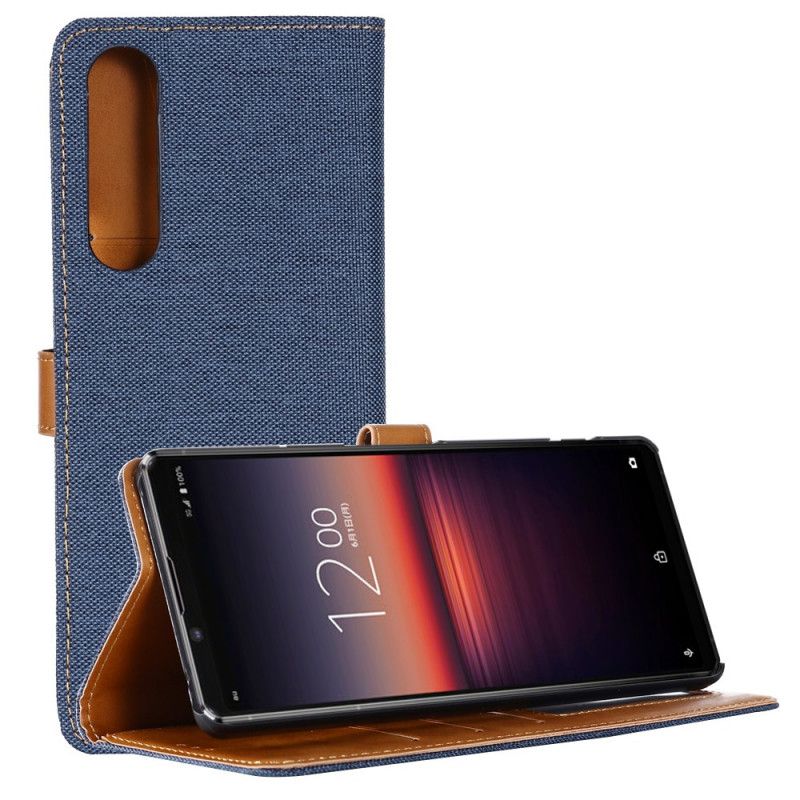 Leren Hoesje Sony Xperia 1 II Donkerblauw Zwart Oxford-Stof