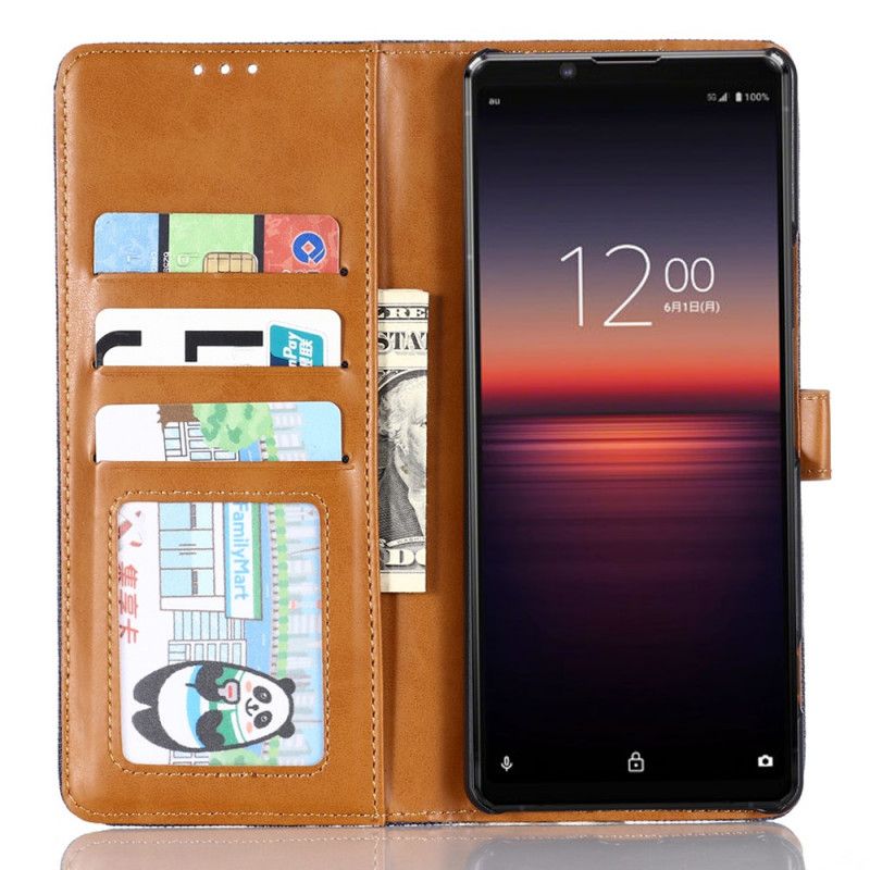 Leren Hoesje Sony Xperia 1 II Donkerblauw Zwart Oxford-Stof