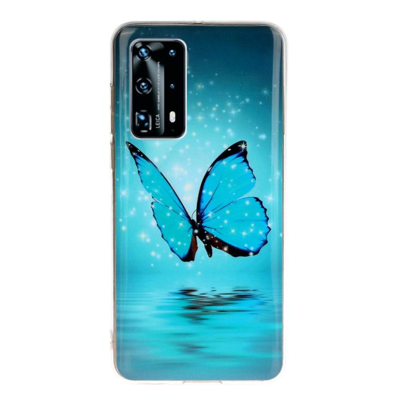 Cover Hoesje Huawei P40 Pro Telefoonhoesje Fluorescerende Blauwe Vlinder