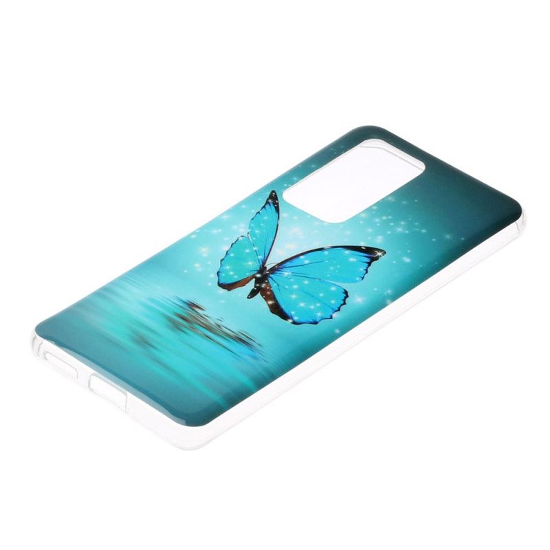 Cover Hoesje Huawei P40 Pro Telefoonhoesje Fluorescerende Blauwe Vlinder