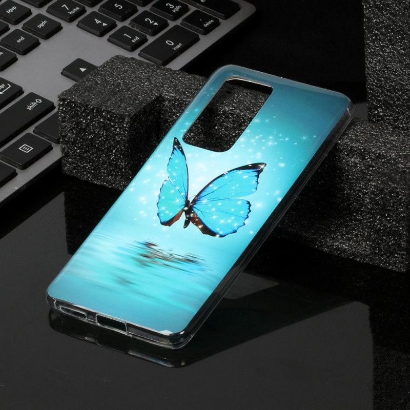 Cover Hoesje Huawei P40 Pro Telefoonhoesje Fluorescerende Blauwe Vlinder