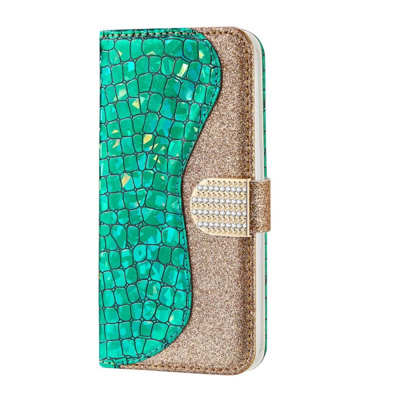 Flip Case Leren Huawei P40 Pro Lichtblauw Groen Krokodil Diamanten