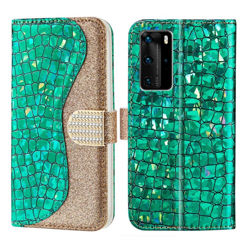 Flip Case Leren Huawei P40 Pro Lichtblauw Groen Krokodil Diamanten