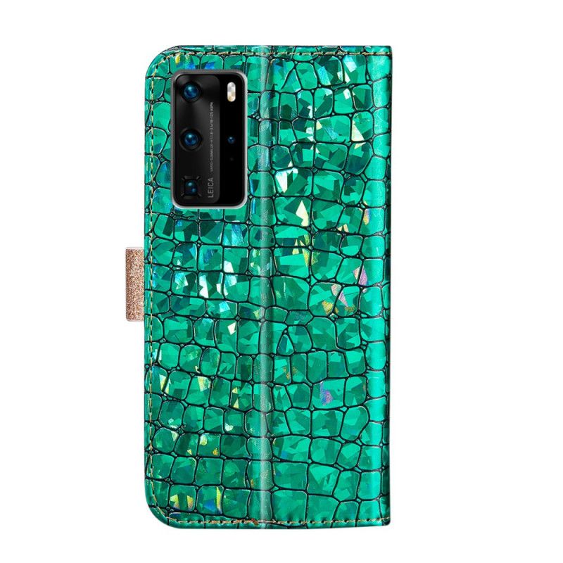 Flip Case Leren Huawei P40 Pro Lichtblauw Groen Krokodil Diamanten