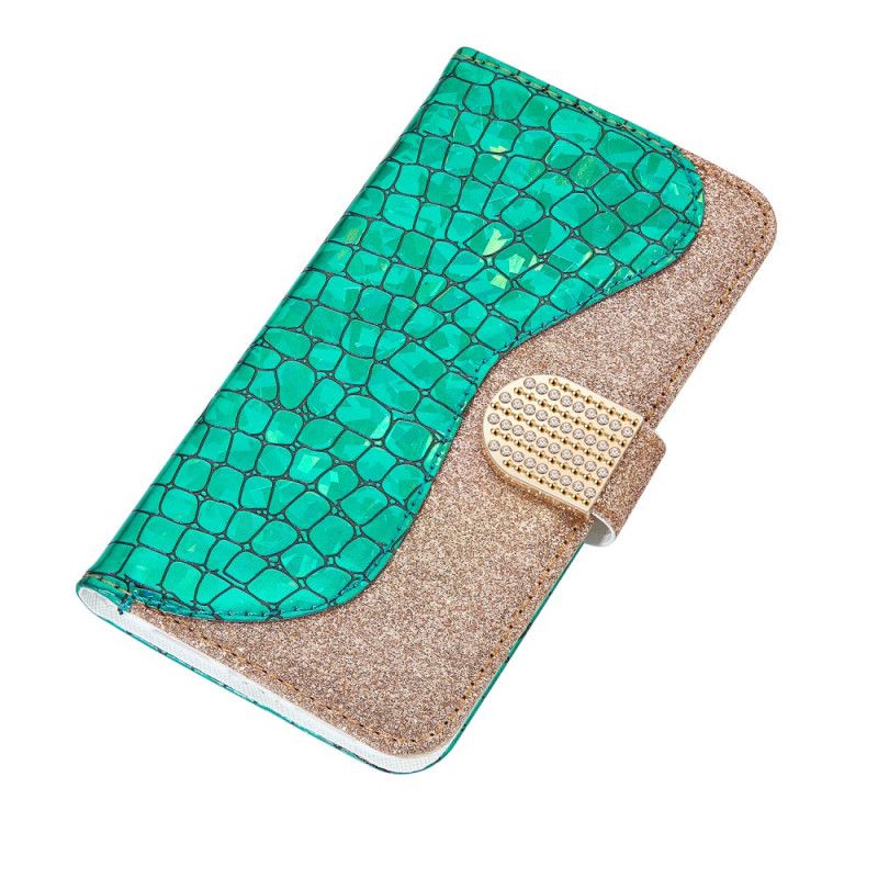 Flip Case Leren Huawei P40 Pro Lichtblauw Groen Krokodil Diamanten