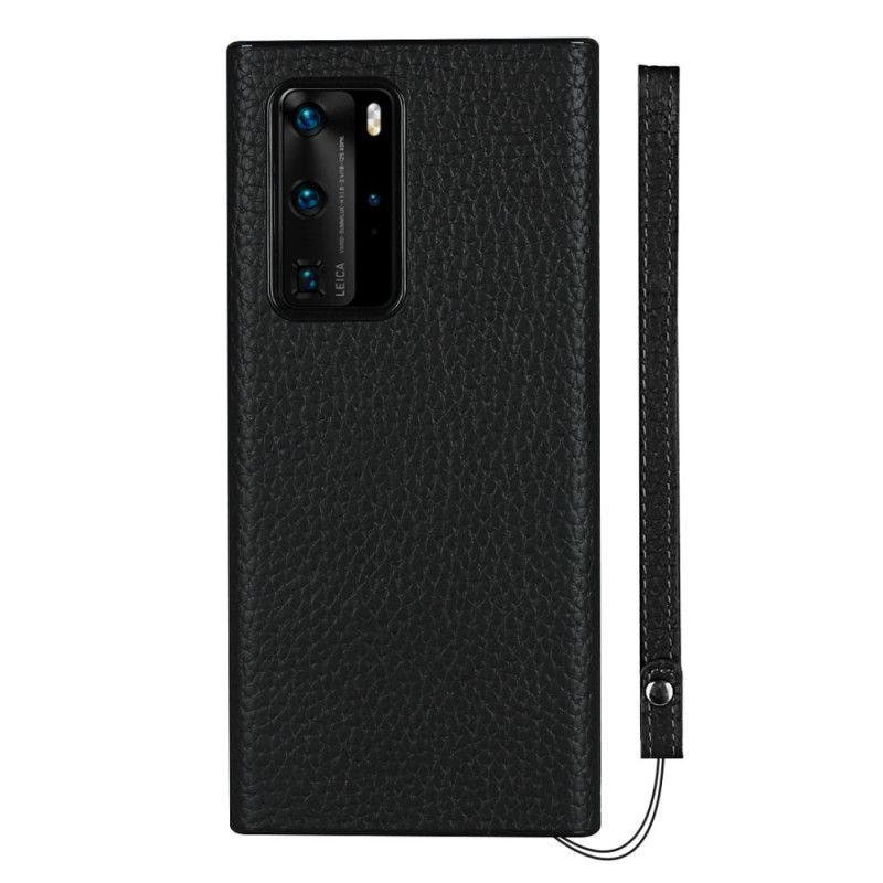 Hoesje voor Huawei P40 Pro Grijs Zwart Echt Lychee Leer Met Riem