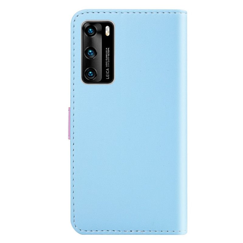 Leren Hoesje Huawei P40 Pro Lichtblauw Roze Driekleurig Leereffect