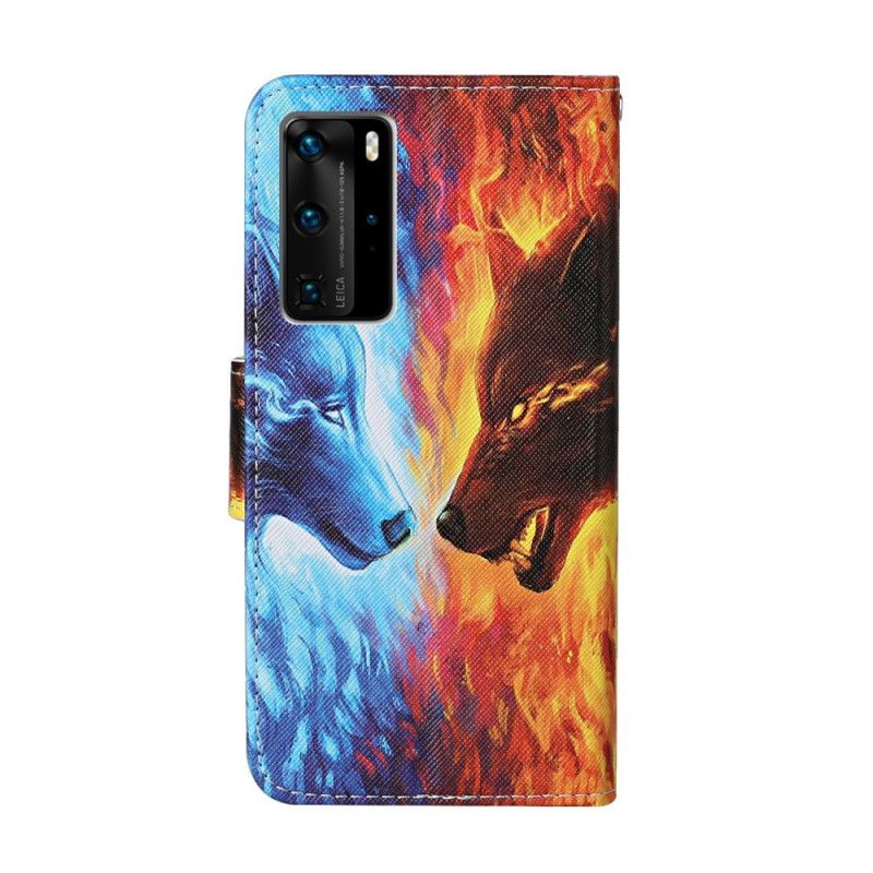 Leren Hoesje Huawei P40 Pro Telefoonhoesje Wolf Van Ijs En Vuur