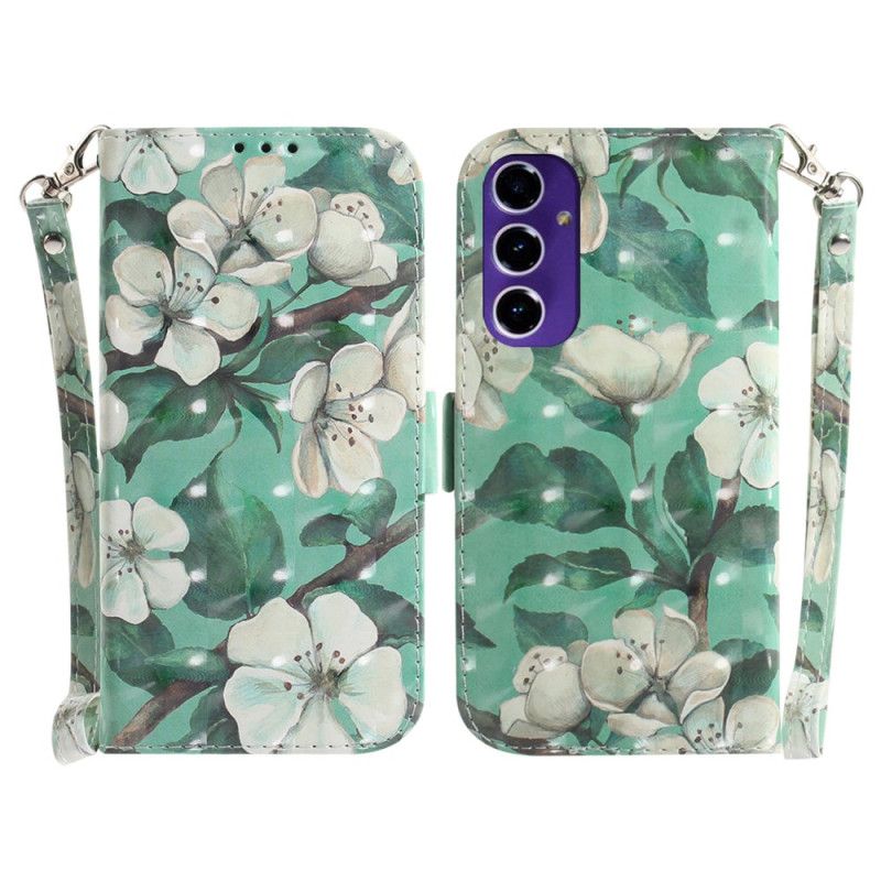 Leren Hoesje Voor Samsung Galaxy A16 5g Witte Bloemen Met Riem