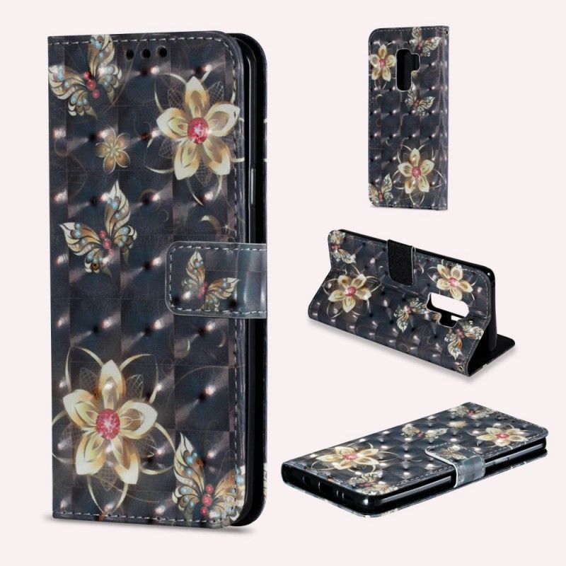 Leren Hoesje voor Samsung Galaxy S9 Plus Roze Zwart Retro Kleurrijke Bloemen