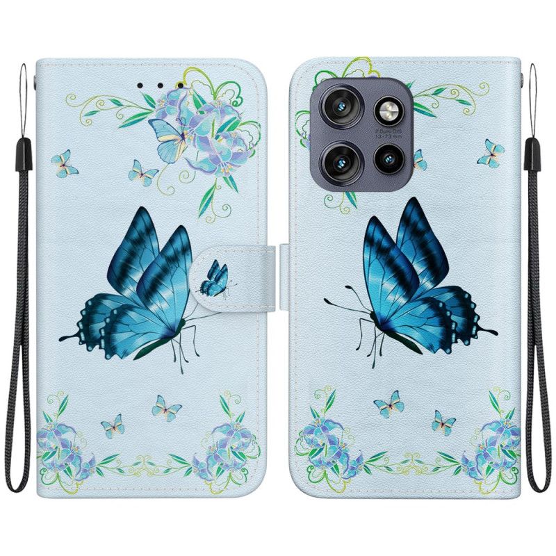 Flip Case Leren Motorola Edge 50 Neo Blauwe Vlinder En Bloemen