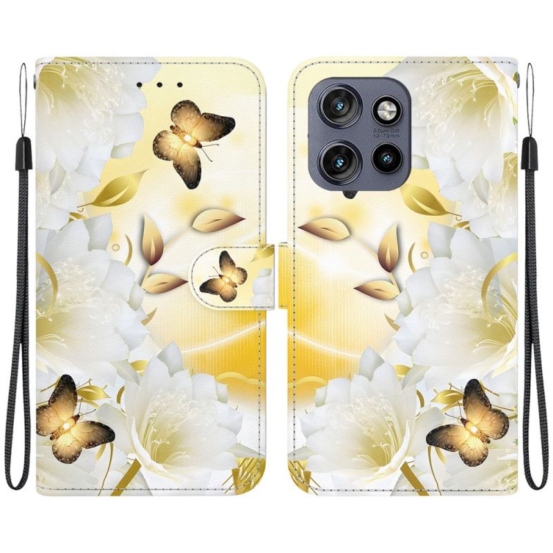 Folio-hoesje Motorola Edge 50 Neo Gouden Vlinders En Witte Bloemen