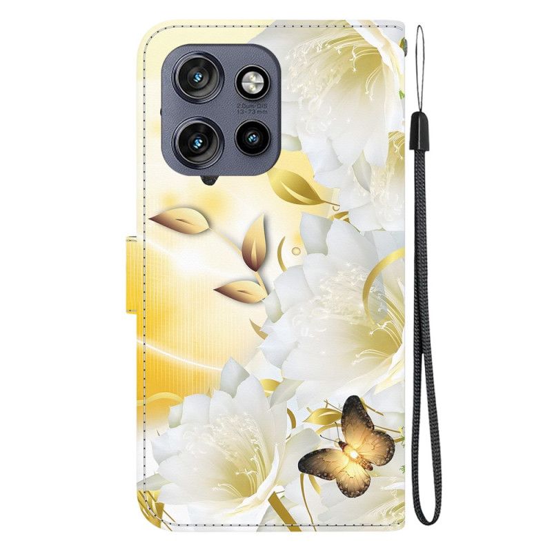 Folio-hoesje Motorola Edge 50 Neo Gouden Vlinders En Witte Bloemen