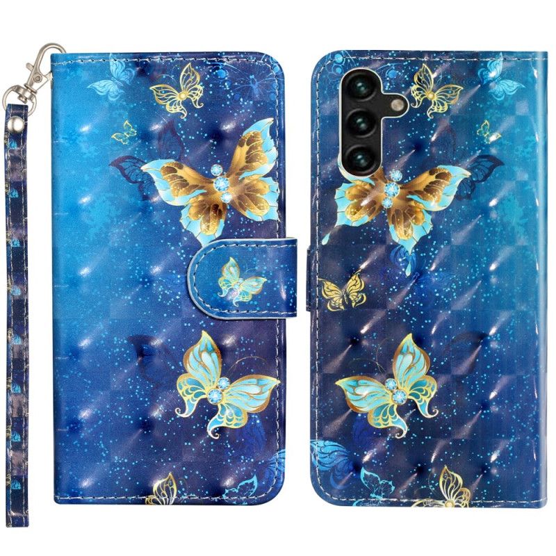 Folio-hoesje Samsung Galaxy S24 Fe Telefoonhoesje Blauwe En Gouden Vlinders Met Riem