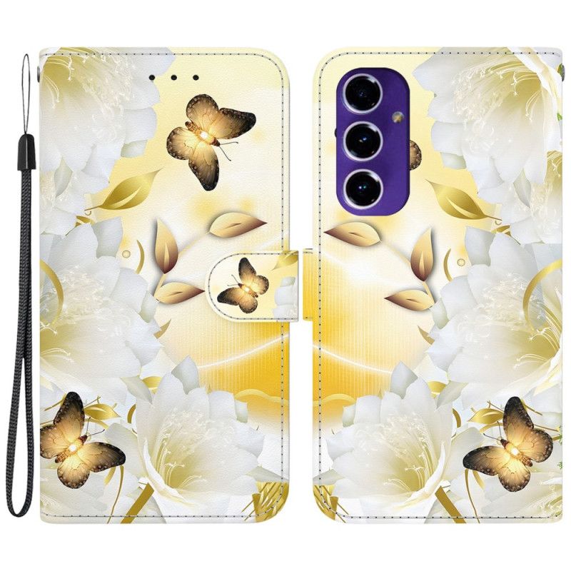 Folio-hoesje Samsung Galaxy S24 Fe Telefoonhoesje Gouden Vlinders En Witte Bloemen